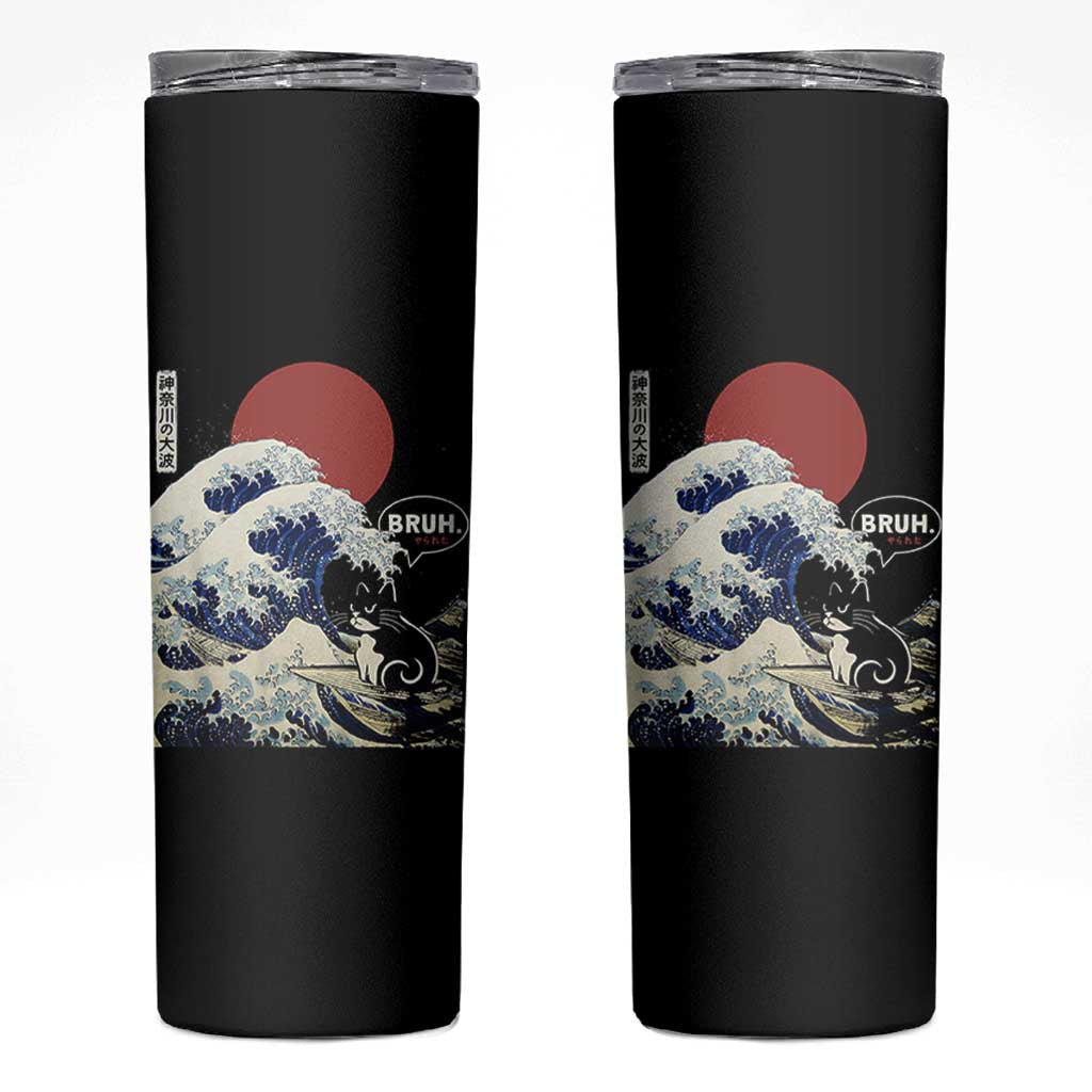 Japanese Kawaii Anime Cat Skinny Tumbler Funny Surfing Cat Bruh Retro The Great Wave Kanagawa - Wonder Print Shop