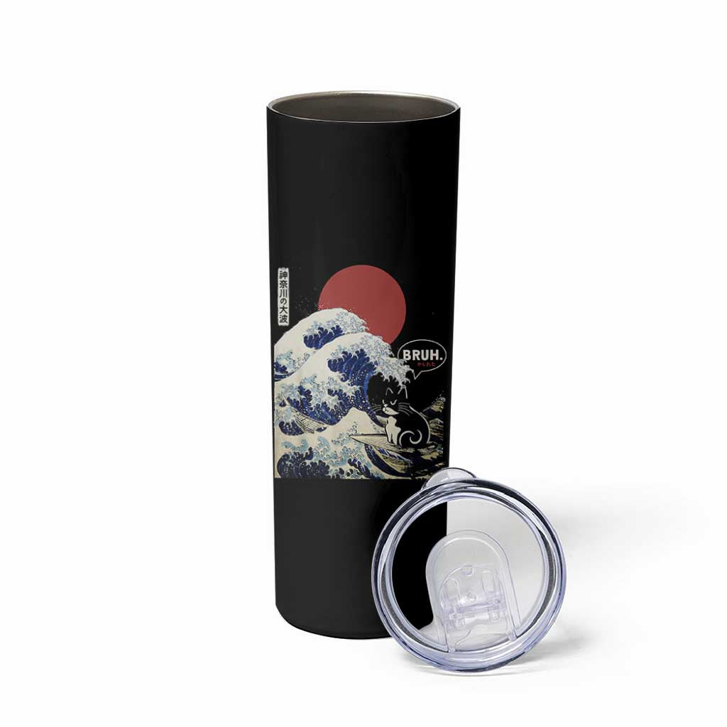Japanese Kawaii Anime Cat Skinny Tumbler Funny Surfing Cat Bruh Retro The Great Wave Kanagawa - Wonder Print Shop