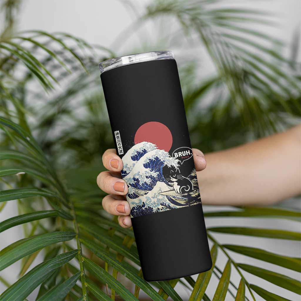 Japanese Kawaii Anime Cat Skinny Tumbler Funny Surfing Cat Bruh Retro The Great Wave Kanagawa - Wonder Print Shop