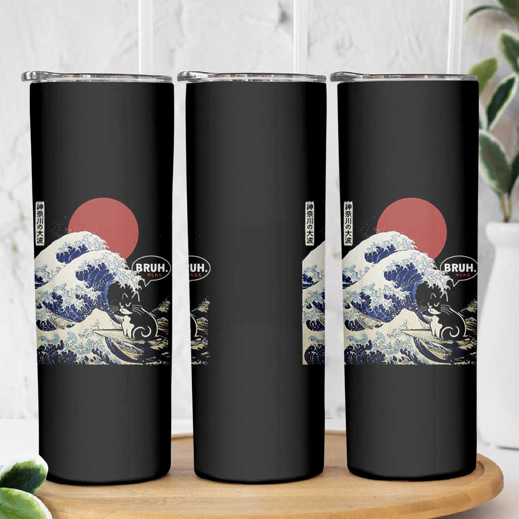 Japanese Kawaii Anime Cat Skinny Tumbler Funny Surfing Cat Bruh Retro The Great Wave Kanagawa - Wonder Print Shop
