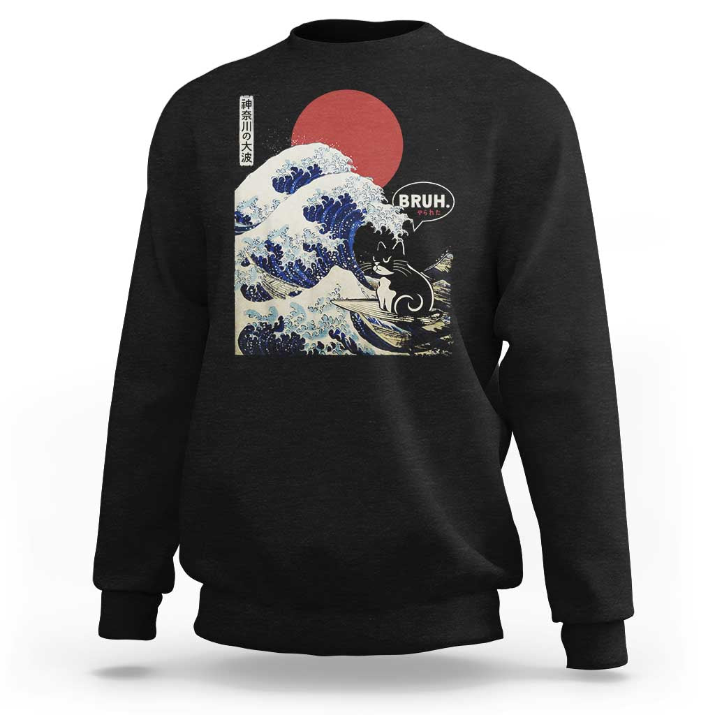 Japanese Kawaii Anime Cat Sweatshirt Funny Surfing Cat Bruh Retro The Great Wave Kanagawa - Wonder Print Shop
