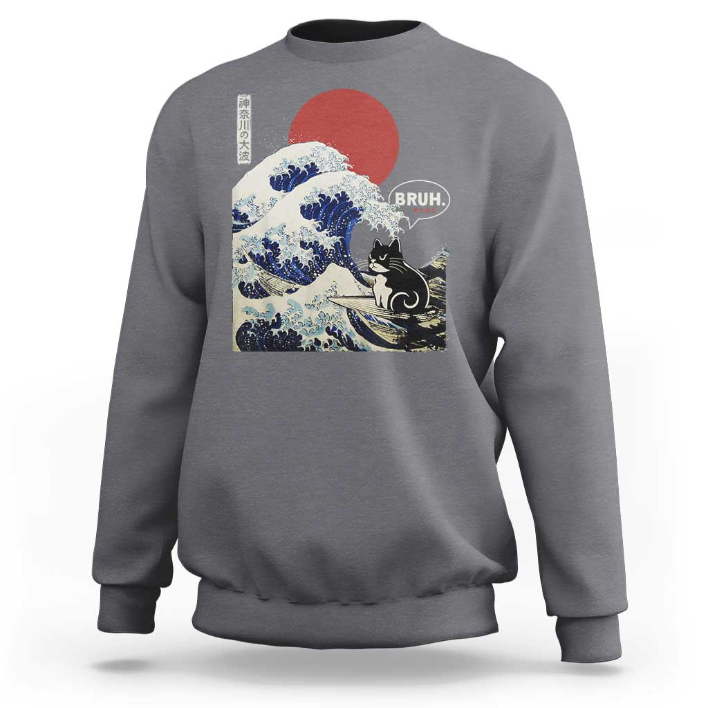 Japanese Kawaii Anime Cat Sweatshirt Funny Surfing Cat Bruh Retro The Great Wave Kanagawa - Wonder Print Shop