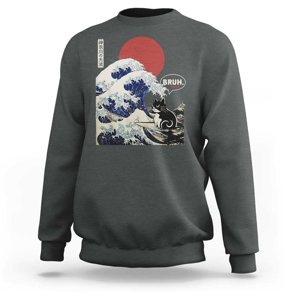 Japanese Kawaii Anime Cat Sweatshirt Funny Surfing Cat Bruh Retro The Great Wave Kanagawa - Wonder Print Shop