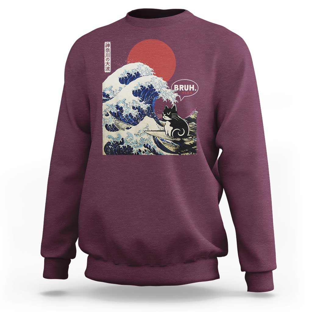 Japanese Kawaii Anime Cat Sweatshirt Funny Surfing Cat Bruh Retro The Great Wave Kanagawa - Wonder Print Shop