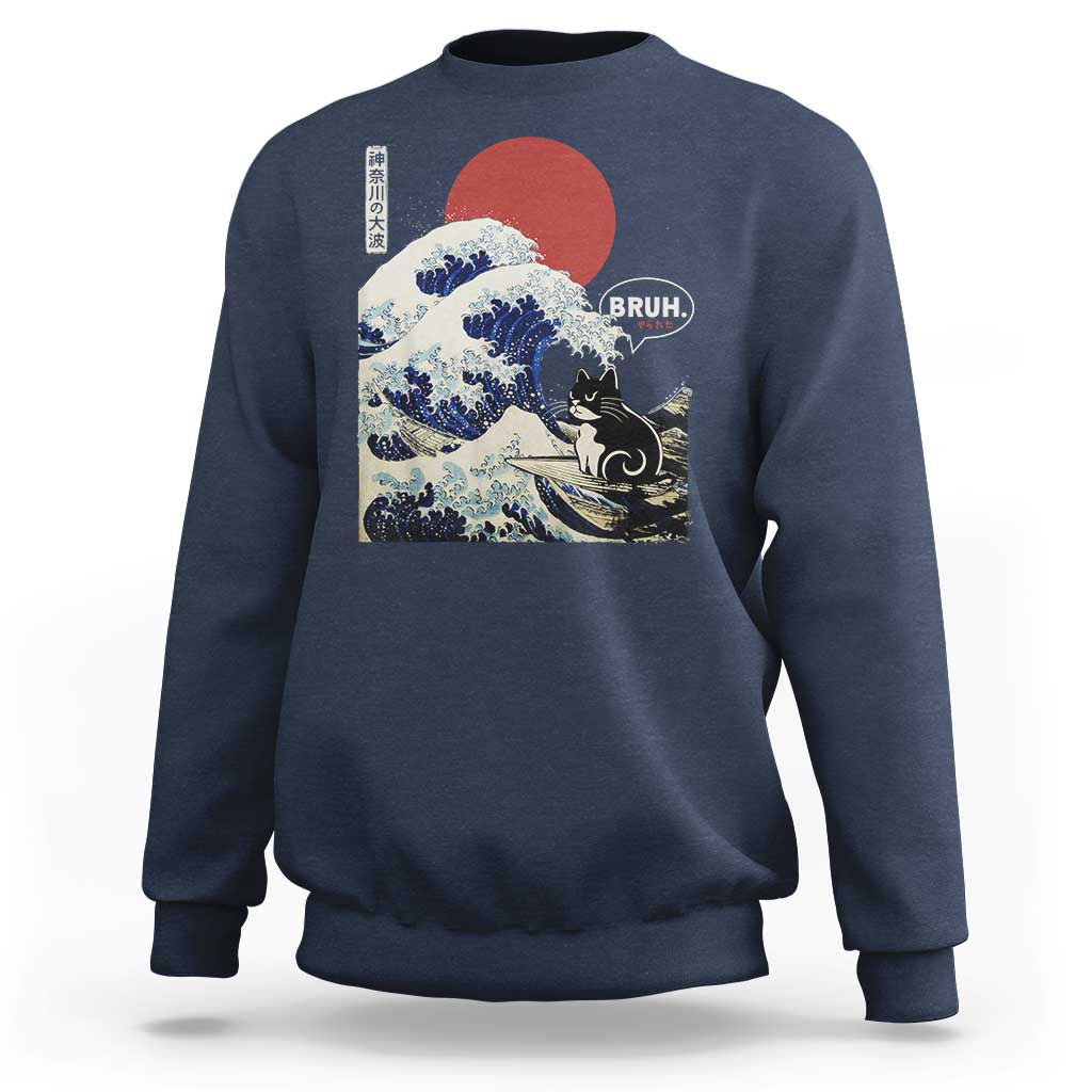 Japanese Kawaii Anime Cat Sweatshirt Funny Surfing Cat Bruh Retro The Great Wave Kanagawa - Wonder Print Shop