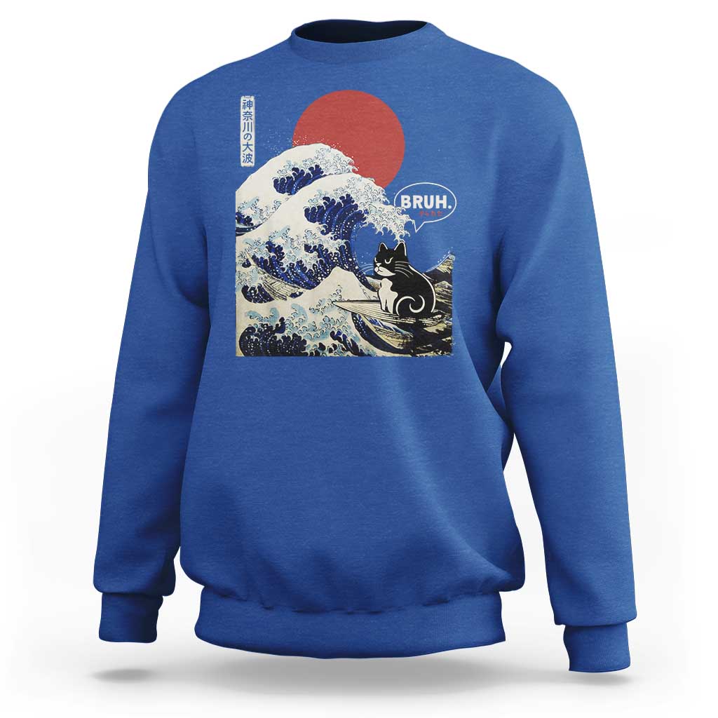 Japanese Kawaii Anime Cat Sweatshirt Funny Surfing Cat Bruh Retro The Great Wave Kanagawa - Wonder Print Shop
