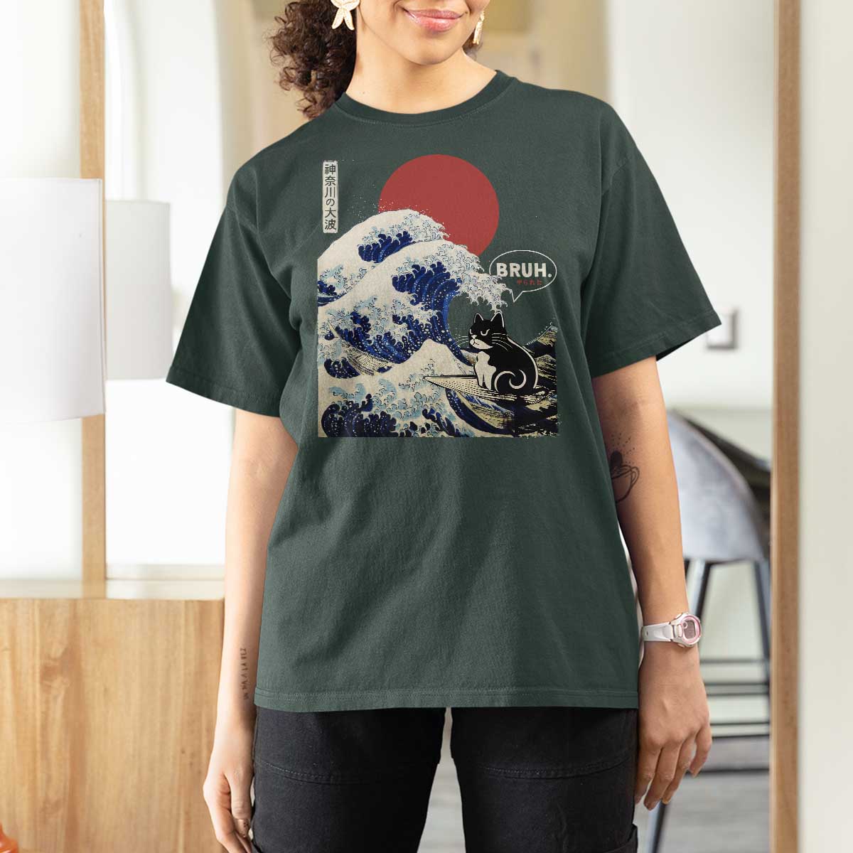 Japanese Kawaii Anime Cat T Shirt For Women Funny Surfing Cat Bruh Retro The Great Wave Kanagawa - Wonder Print Shop
