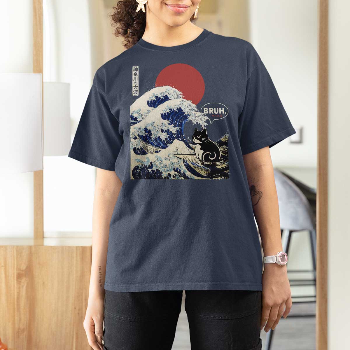 Japanese Kawaii Anime Cat T Shirt For Women Funny Surfing Cat Bruh Retro The Great Wave Kanagawa - Wonder Print Shop
