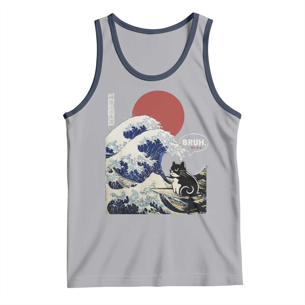 Japanese Kawaii Anime Cat Tank Top Funny Surfing Cat Bruh Retro The Great Wave Kanagawa - Wonder Print Shop