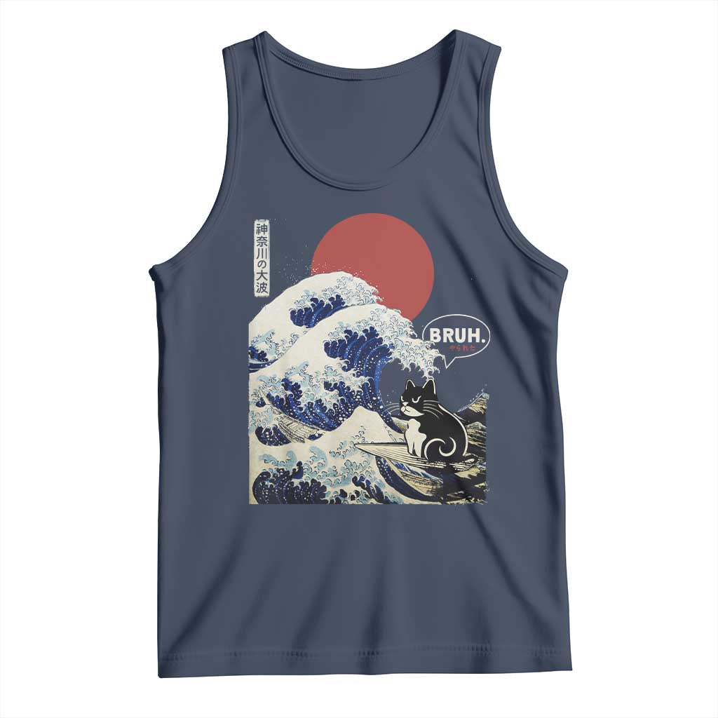 Japanese Kawaii Anime Cat Tank Top Funny Surfing Cat Bruh Retro The Great Wave Kanagawa - Wonder Print Shop