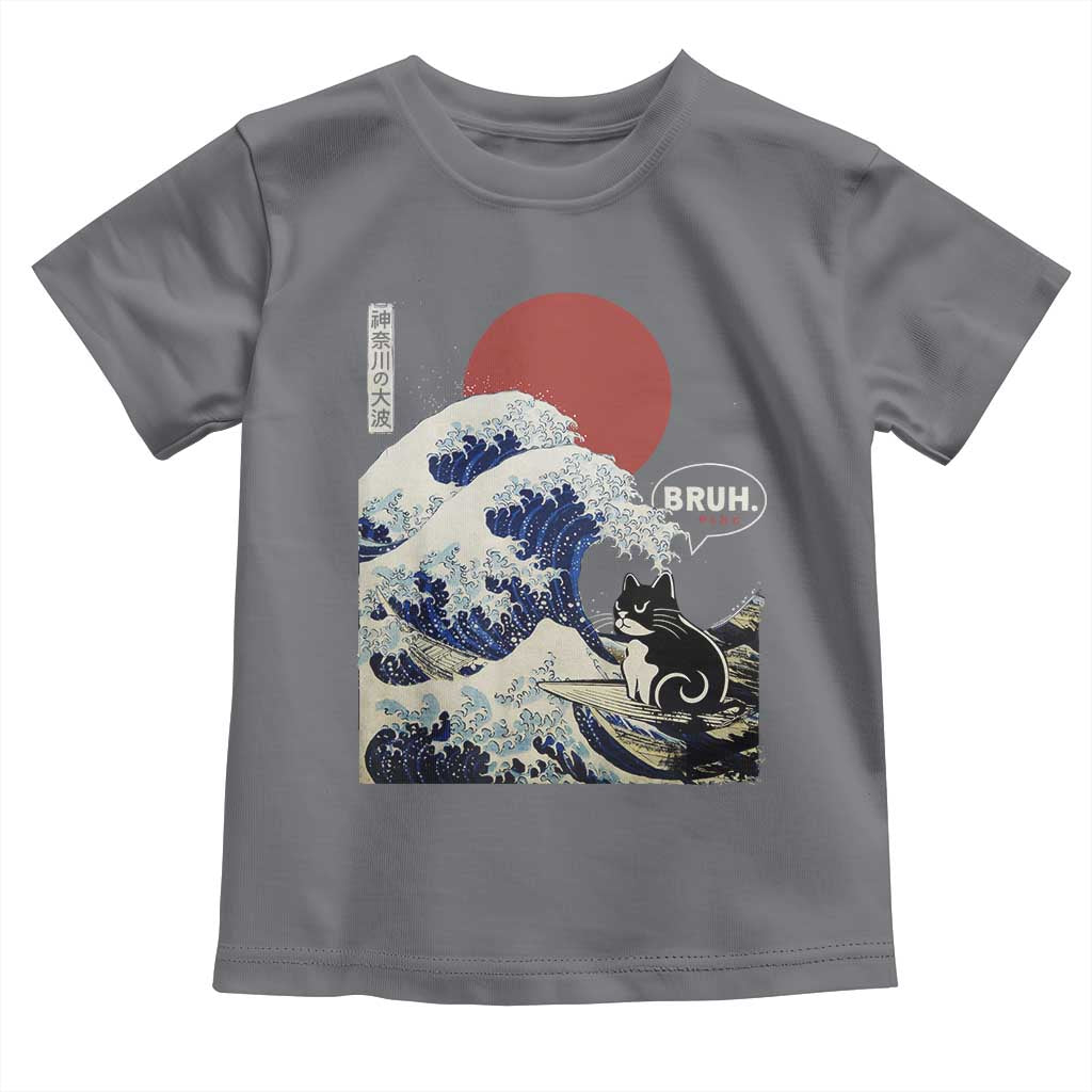 Japanese Kawaii Anime Cat Toddler T Shirt Funny Surfing Cat Bruh Retro The Great Wave Kanagawa - Wonder Print Shop