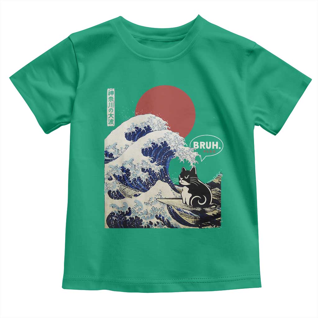 Japanese Kawaii Anime Cat Toddler T Shirt Funny Surfing Cat Bruh Retro The Great Wave Kanagawa - Wonder Print Shop