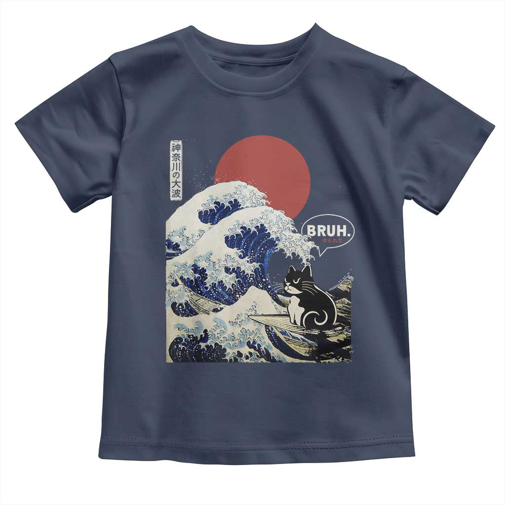Japanese Kawaii Anime Cat Toddler T Shirt Funny Surfing Cat Bruh Retro The Great Wave Kanagawa - Wonder Print Shop