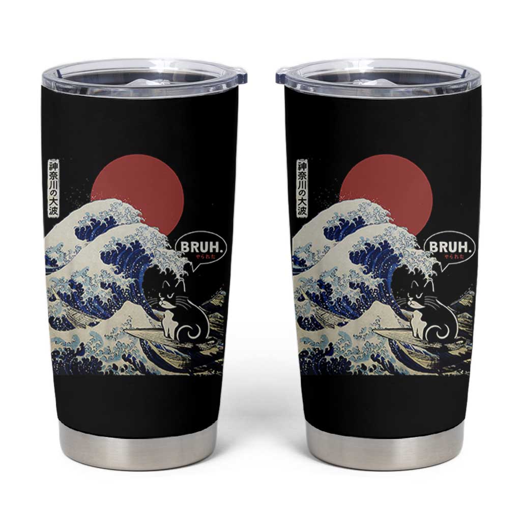 Japanese Kawaii Anime Cat Tumbler Cup Funny Surfing Cat Bruh Retro The Great Wave Kanagawa - Wonder Print Shop