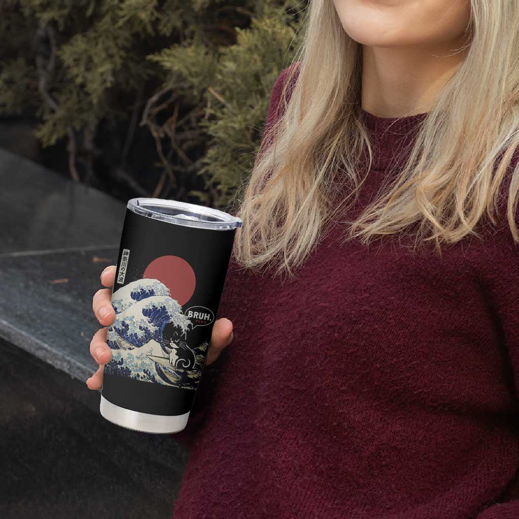 Japanese Kawaii Anime Cat Tumbler Cup Funny Surfing Cat Bruh Retro The Great Wave Kanagawa - Wonder Print Shop