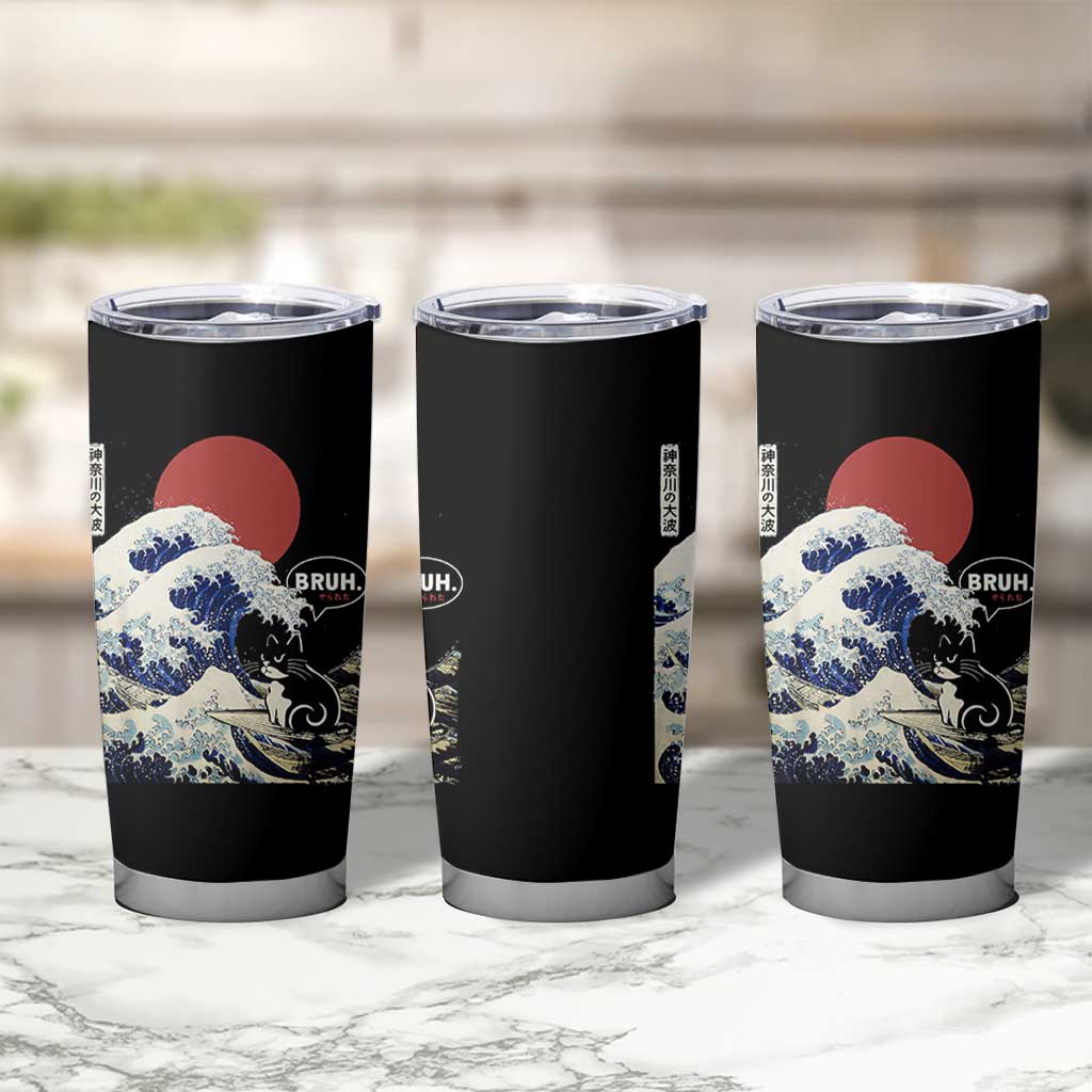 Japanese Kawaii Anime Cat Tumbler Cup Funny Surfing Cat Bruh Retro The Great Wave Kanagawa - Wonder Print Shop