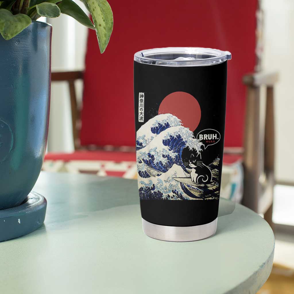 Japanese Kawaii Anime Cat Tumbler Cup Funny Surfing Cat Bruh Retro The Great Wave Kanagawa - Wonder Print Shop