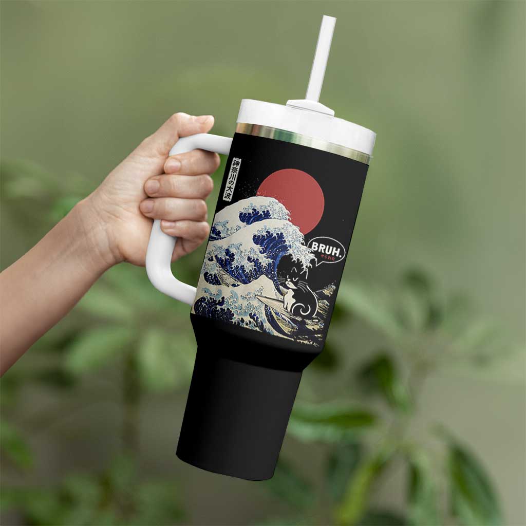 Japanese Kawaii Anime Cat Tumbler With Handle Funny Surfing Cat Bruh Retro The Great Wave Kanagawa - Wonder Print Shop