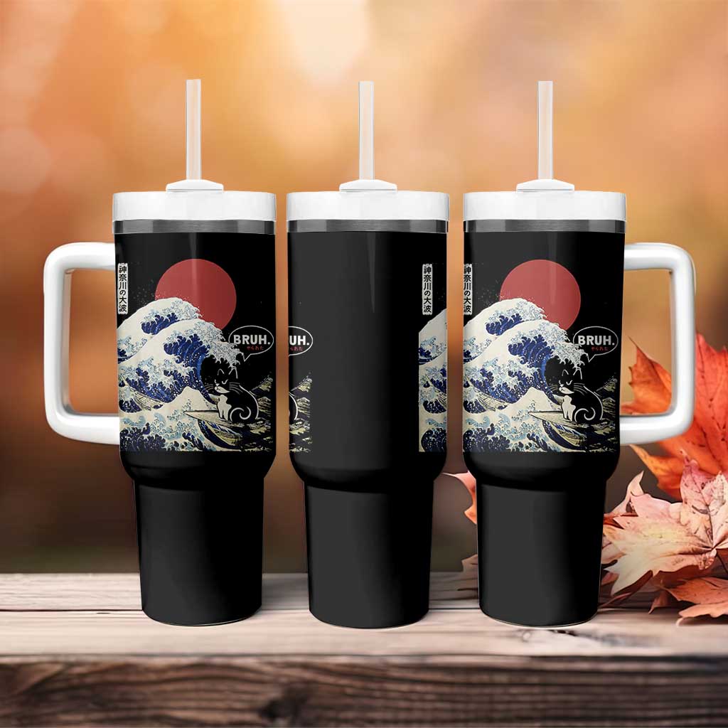 Japanese Kawaii Anime Cat Tumbler With Handle Funny Surfing Cat Bruh Retro The Great Wave Kanagawa - Wonder Print Shop