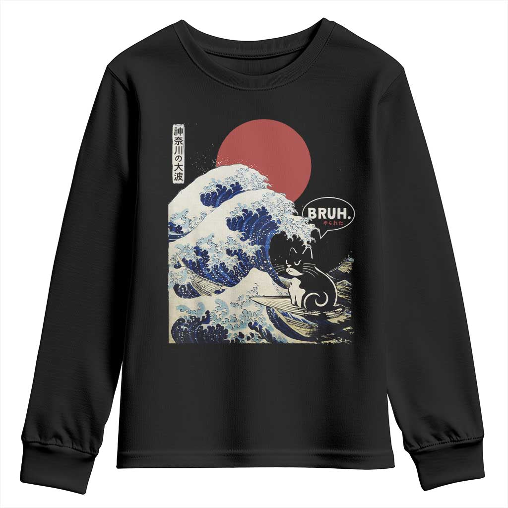 Japanese Kawaii Anime Cat Youth Sweatshirt Funny Surfing Cat Bruh Retro The Great Wave Kanagawa - Wonder Print Shop