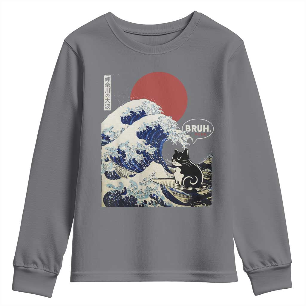 Japanese Kawaii Anime Cat Youth Sweatshirt Funny Surfing Cat Bruh Retro The Great Wave Kanagawa - Wonder Print Shop