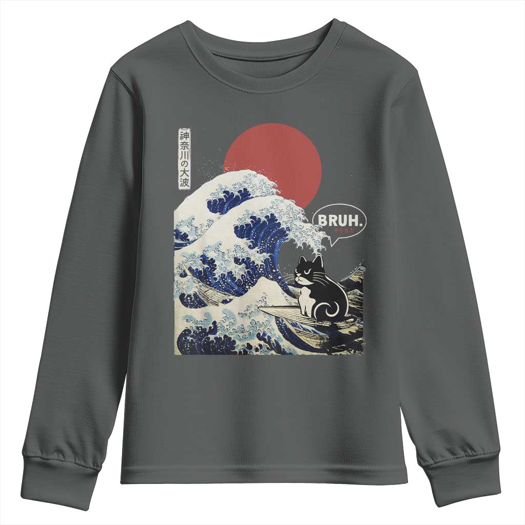 Japanese Kawaii Anime Cat Youth Sweatshirt Funny Surfing Cat Bruh Retro The Great Wave Kanagawa - Wonder Print Shop