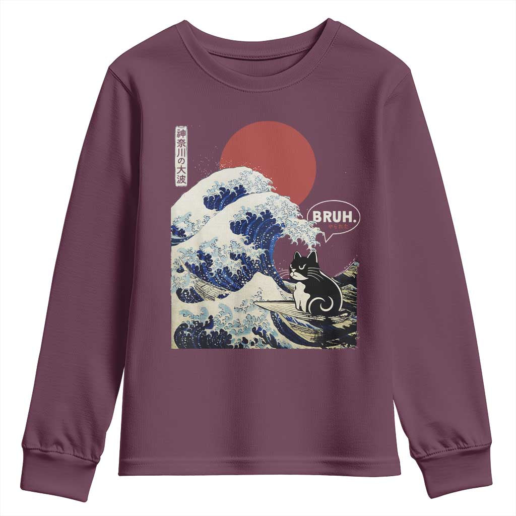 Japanese Kawaii Anime Cat Youth Sweatshirt Funny Surfing Cat Bruh Retro The Great Wave Kanagawa - Wonder Print Shop