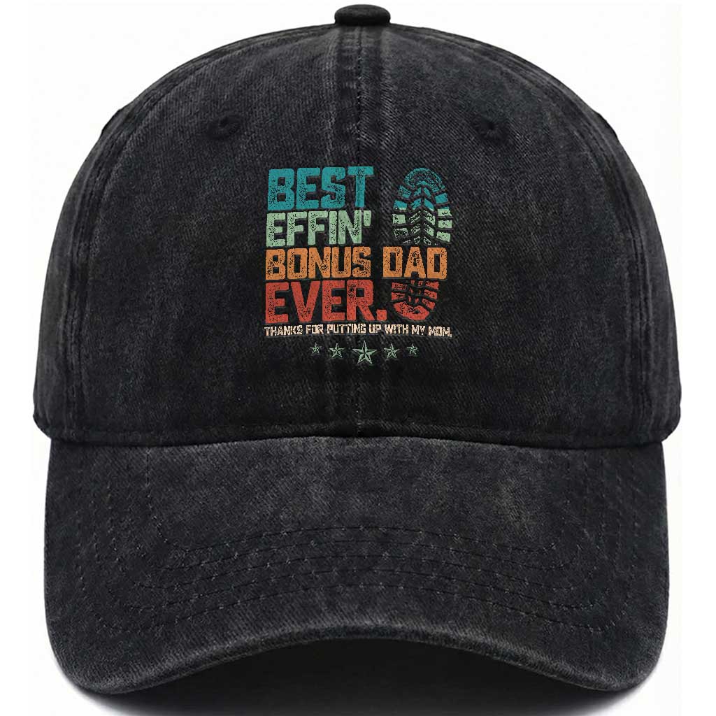 Funny Step Dad Washed Cotton Baseball Cap Best Effin’ Bonus Dad Ever Retro