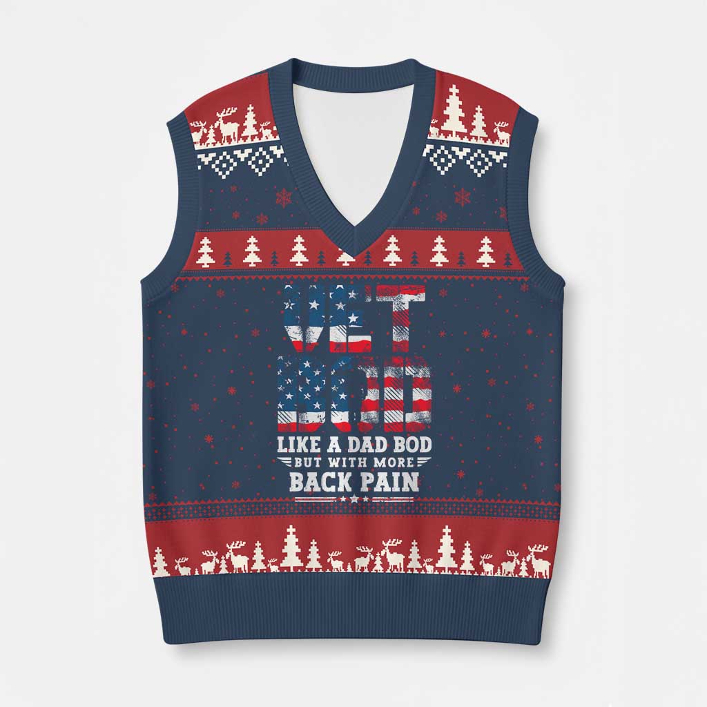 Vet Bod V-Neck Knit Sweater Vest Funny Military Veteran Dad Bod American Flag - Wonder Print Shop