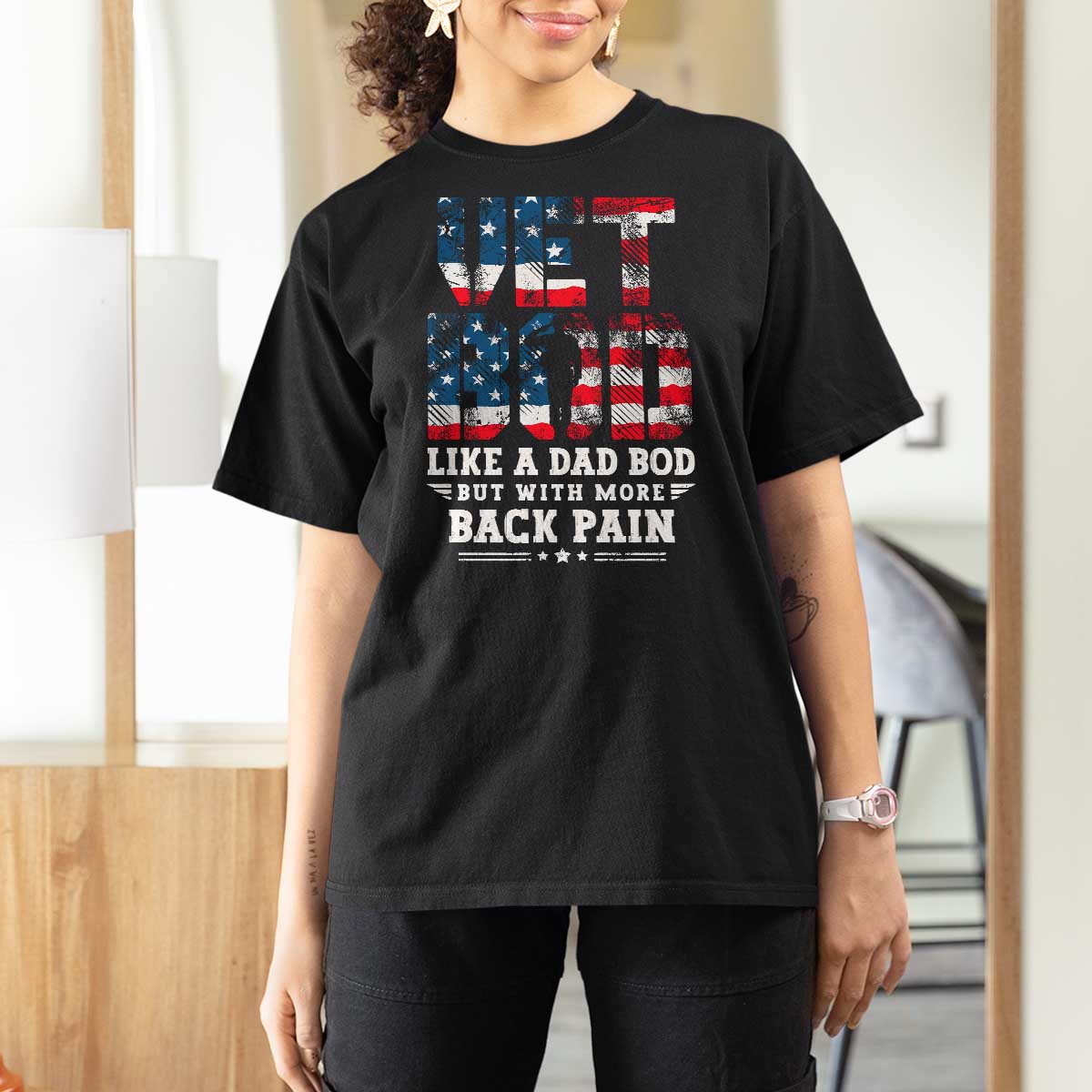 Vet Bod T Shirt For Women Funny Military Veteran Dad Bod American Flag - Wonder Print Shop