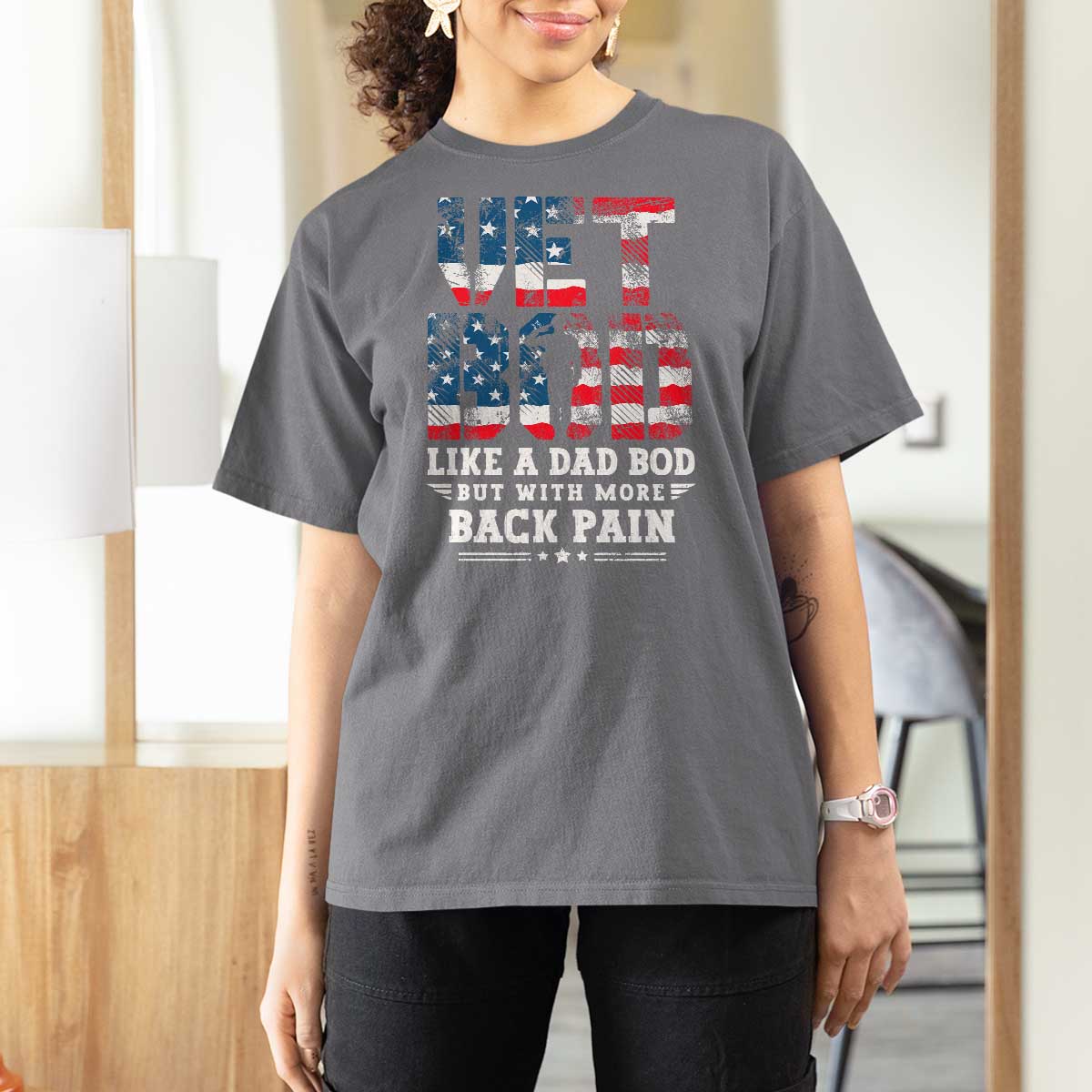 Vet Bod T Shirt For Women Funny Military Veteran Dad Bod American Flag - Wonder Print Shop