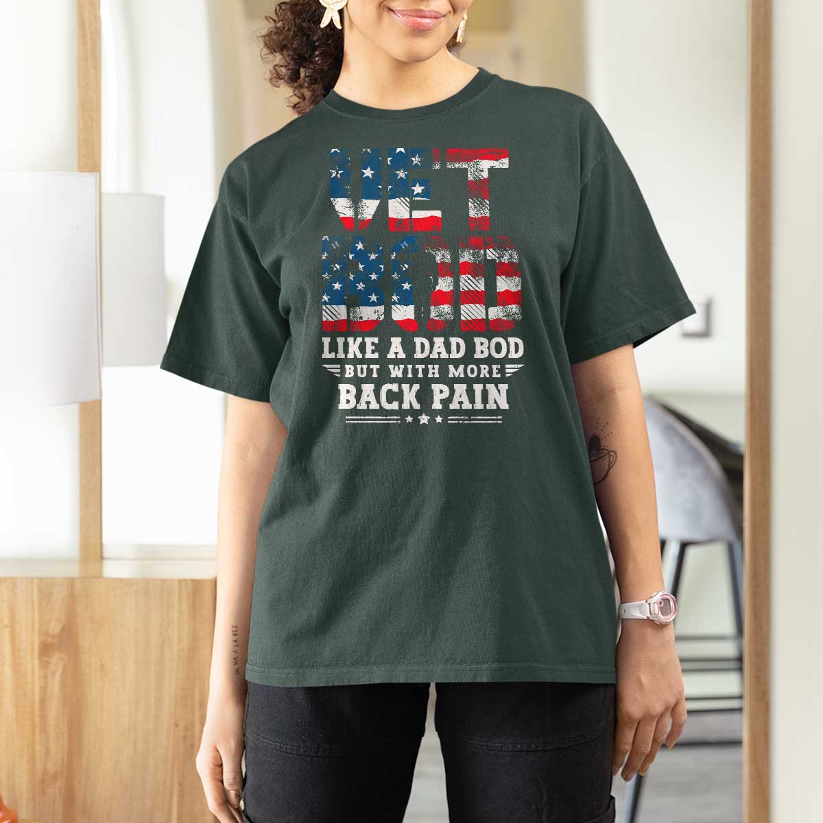 Vet Bod T Shirt For Women Funny Military Veteran Dad Bod American Flag - Wonder Print Shop