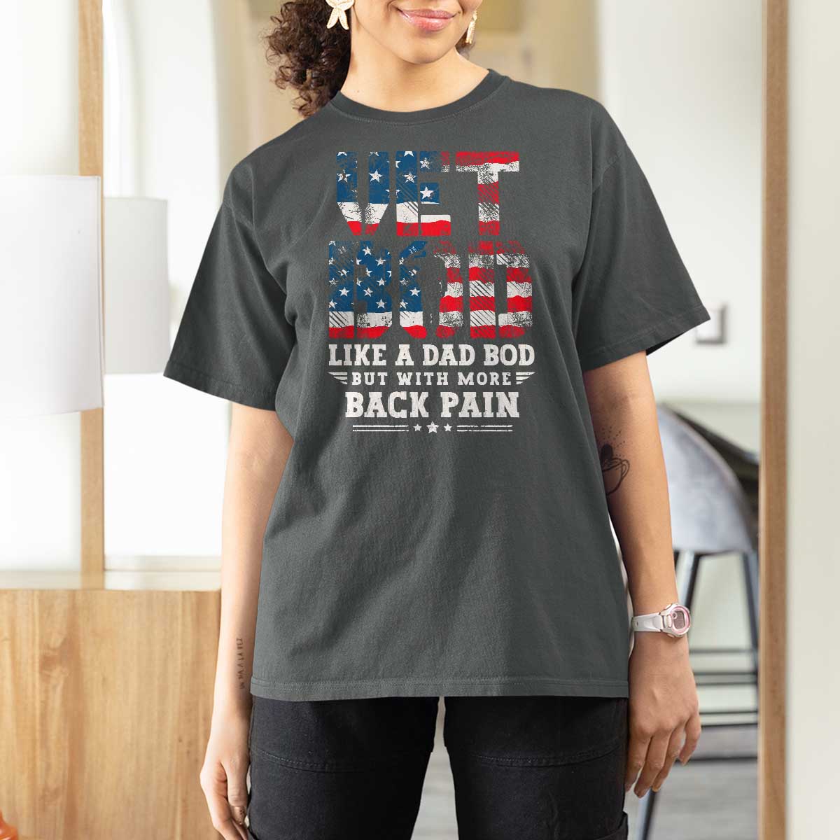 Vet Bod T Shirt For Women Funny Military Veteran Dad Bod American Flag - Wonder Print Shop