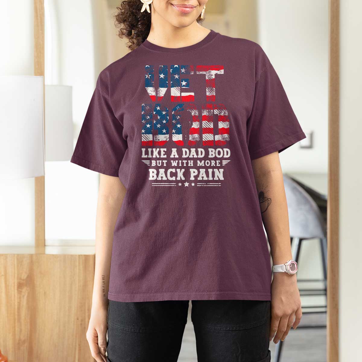 Vet Bod T Shirt For Women Funny Military Veteran Dad Bod American Flag - Wonder Print Shop