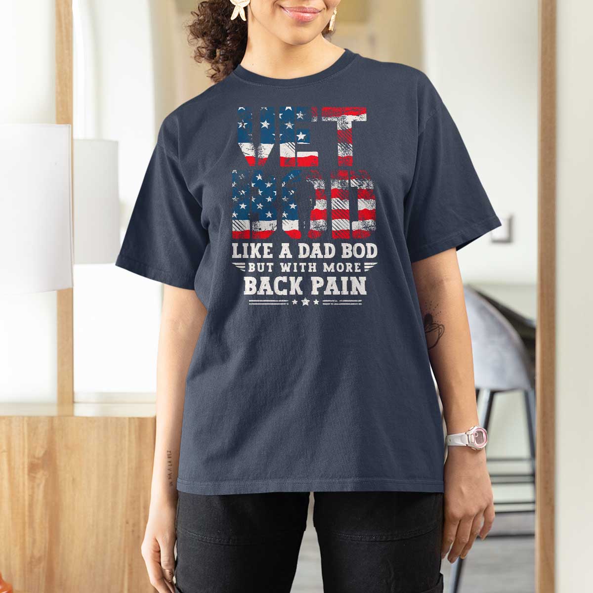 Vet Bod T Shirt For Women Funny Military Veteran Dad Bod American Flag - Wonder Print Shop