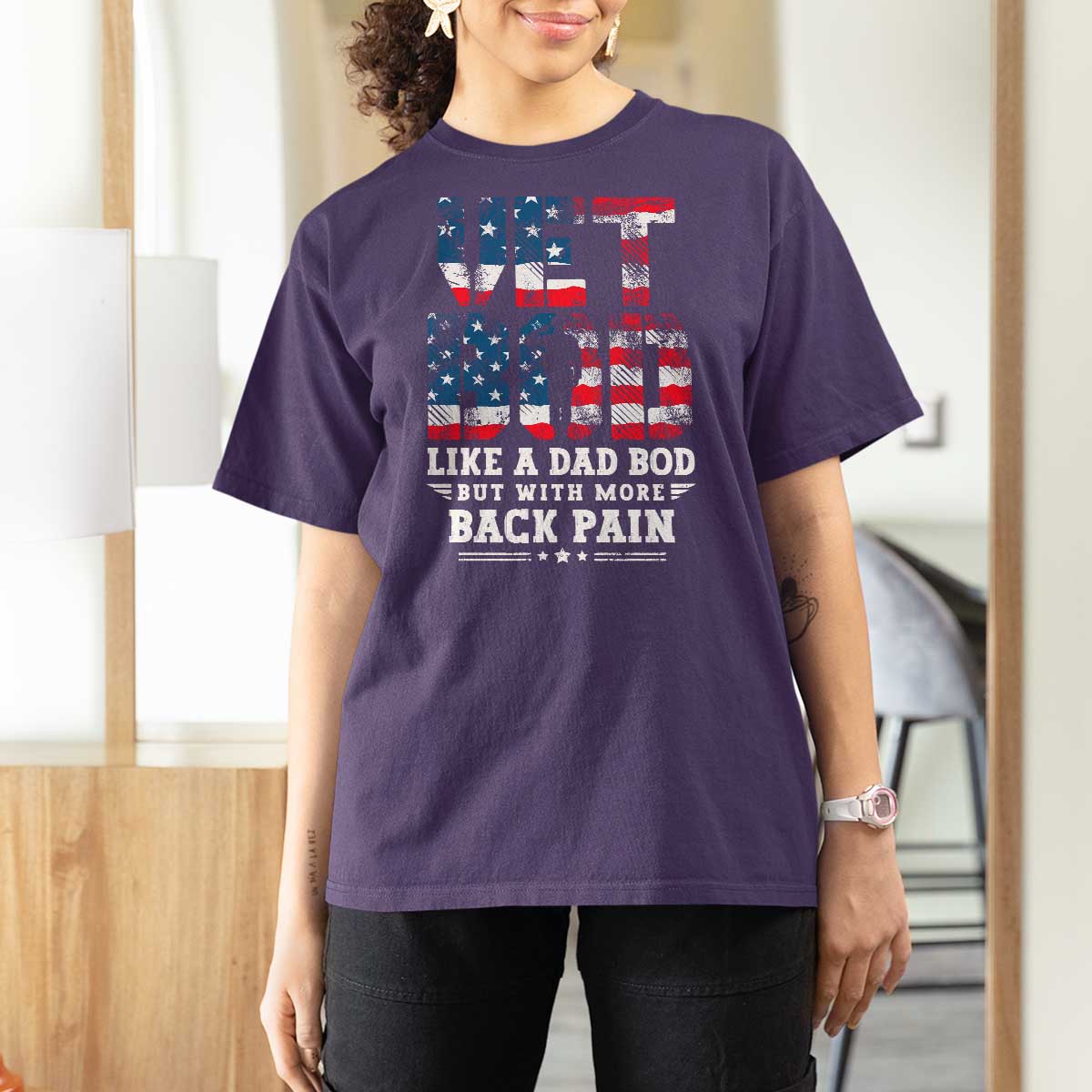 Vet Bod T Shirt For Women Funny Military Veteran Dad Bod American Flag - Wonder Print Shop