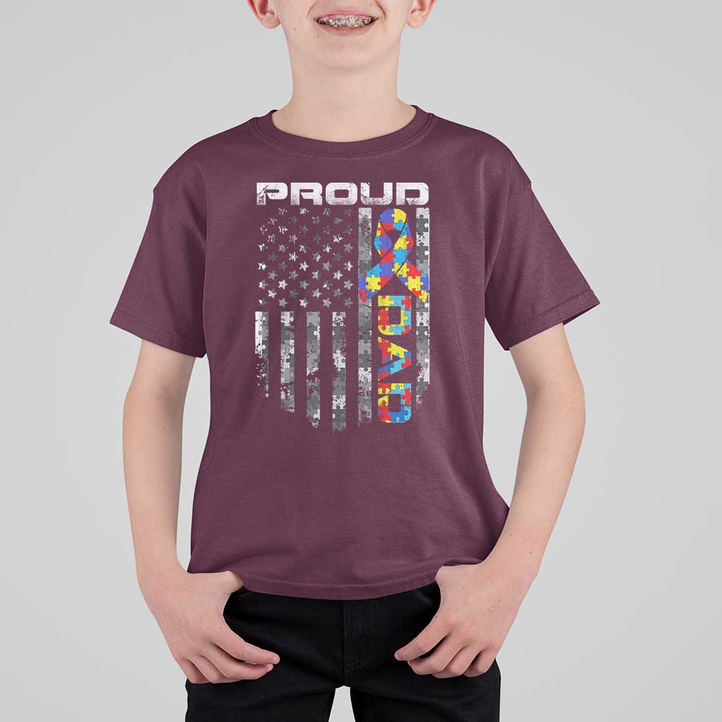 Vintage Proud Autism Dad T Shirt For Kid USA American Flag Father Day
