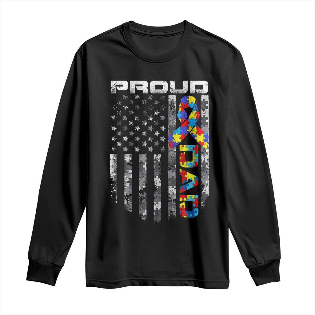 Vintage Proud Autism Dad Long Sleeve Shirt USA American Flag Father Day
