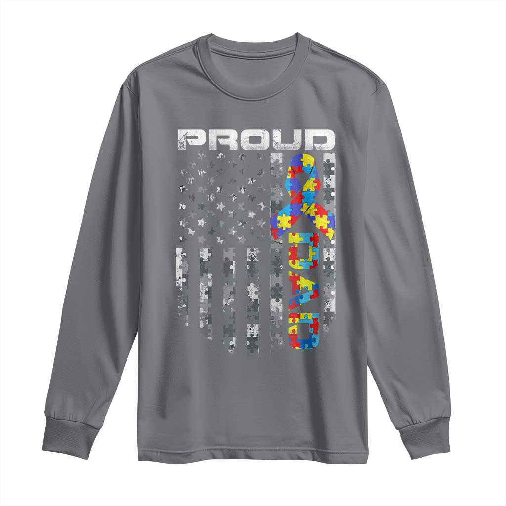 Vintage Proud Autism Dad Long Sleeve Shirt USA American Flag Father Day