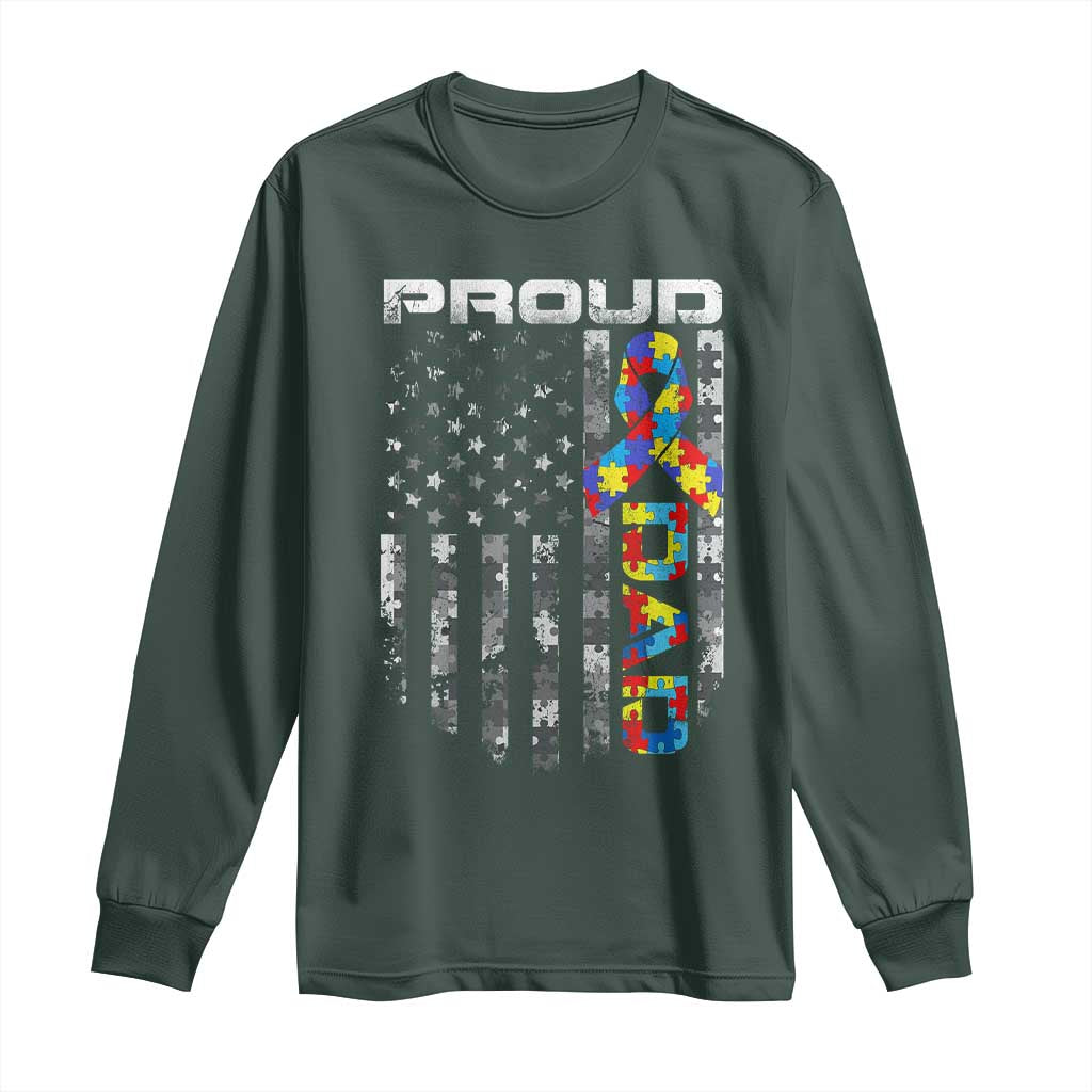 Vintage Proud Autism Dad Long Sleeve Shirt USA American Flag Father Day