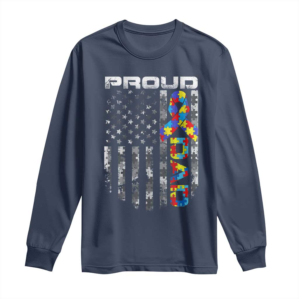 Vintage Proud Autism Dad Long Sleeve Shirt USA American Flag Father Day