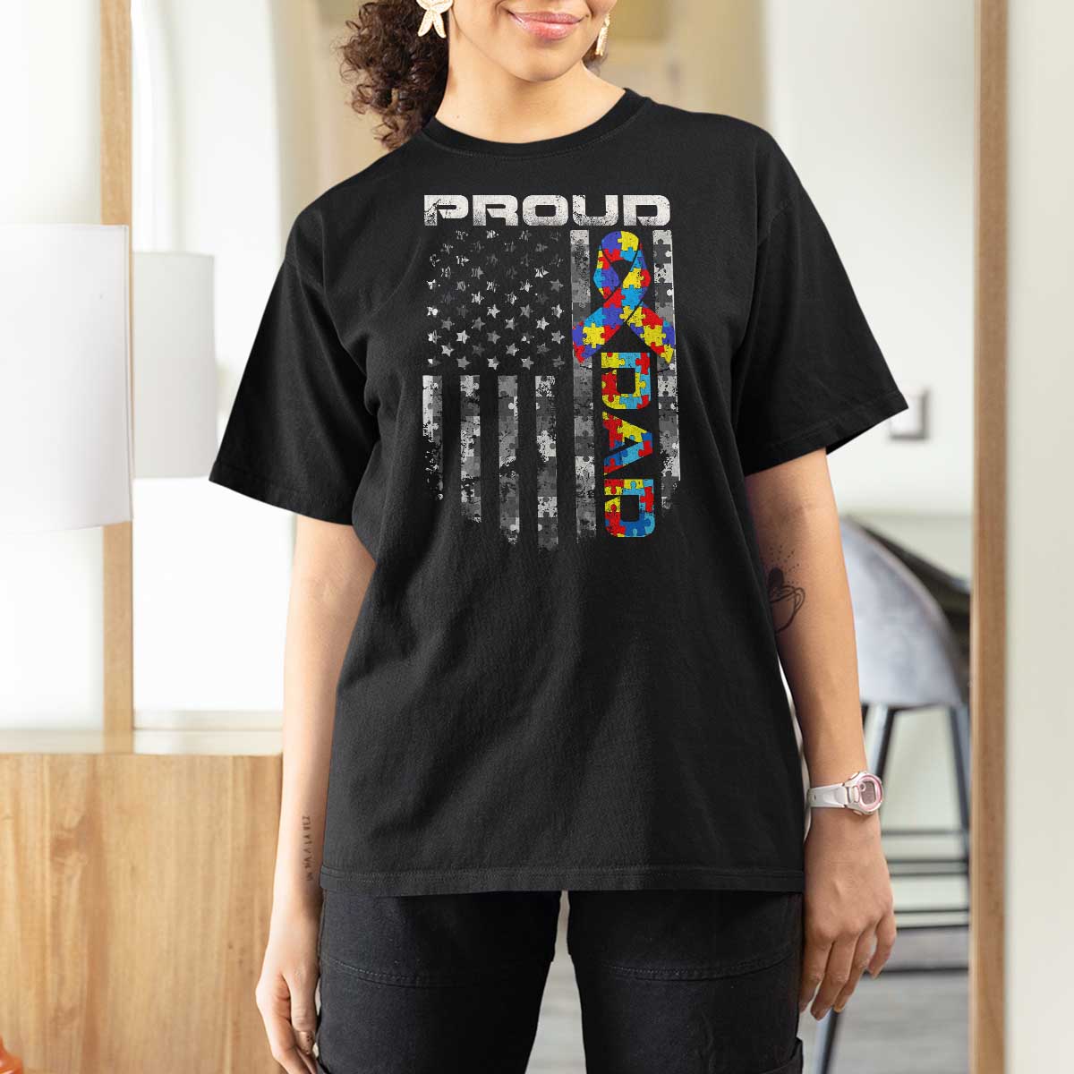 Vintage Proud Autism Dad T Shirt For Women USA American Flag Father Day