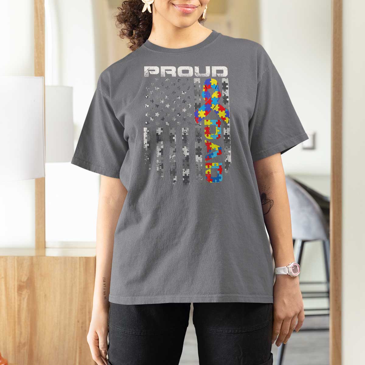 Vintage Proud Autism Dad T Shirt For Women USA American Flag Father Day