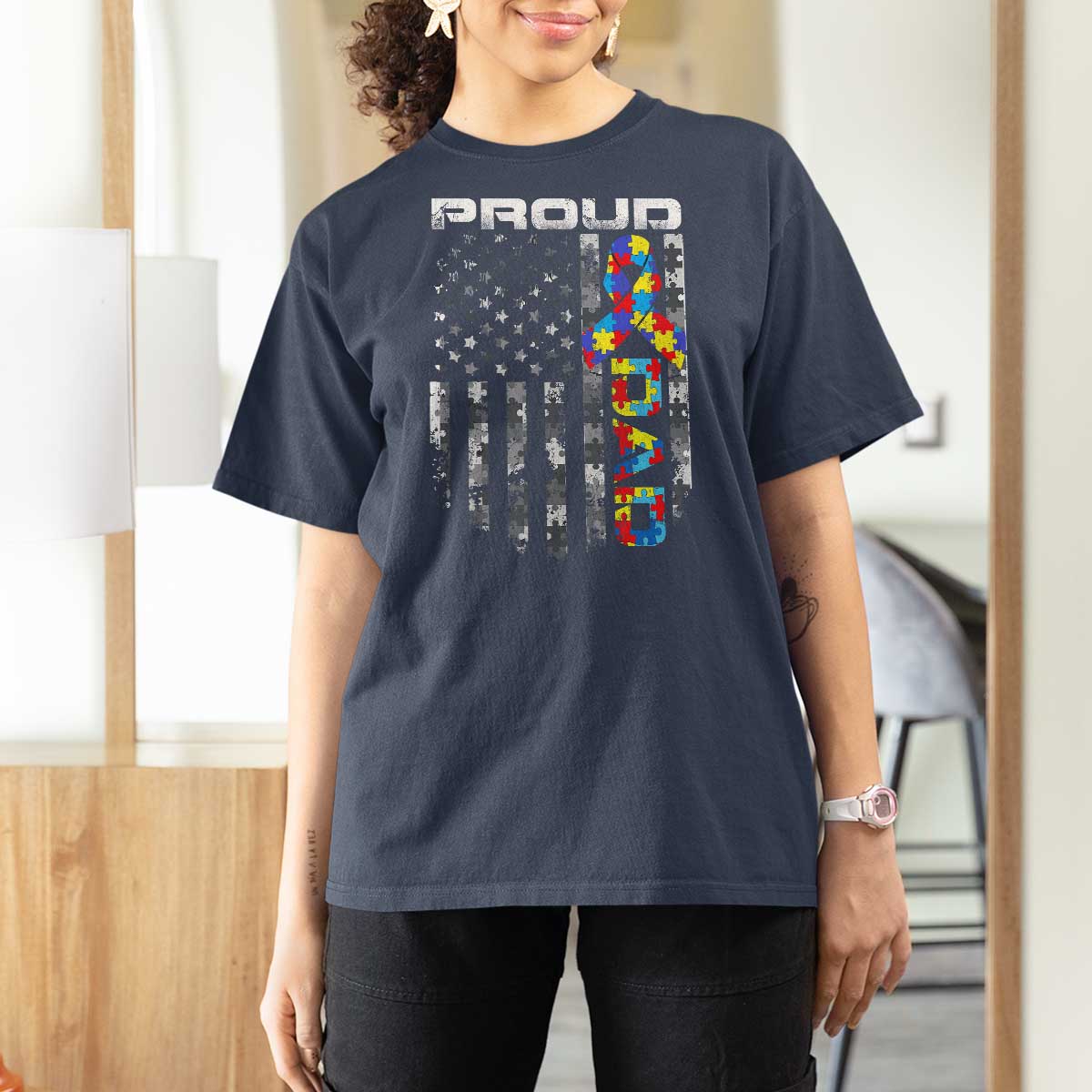 Vintage Proud Autism Dad T Shirt For Women USA American Flag Father Day