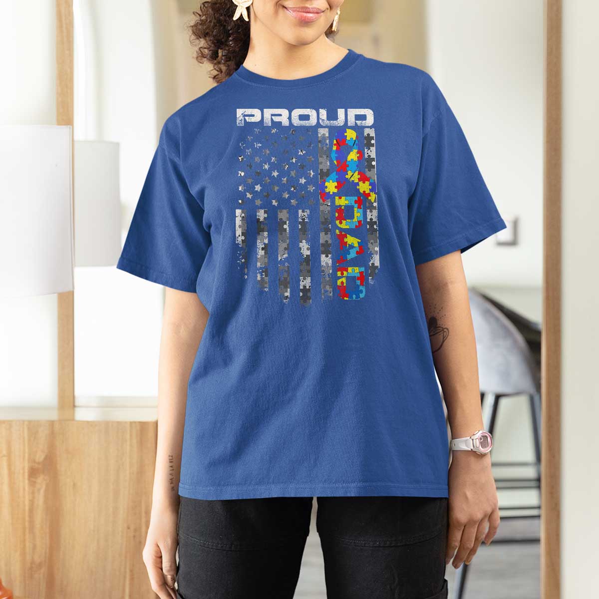 Vintage Proud Autism Dad T Shirt For Women USA American Flag Father Day