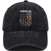 Vintage Proud Autism Dad Washed Cotton Baseball Cap USA American Flag Father Day