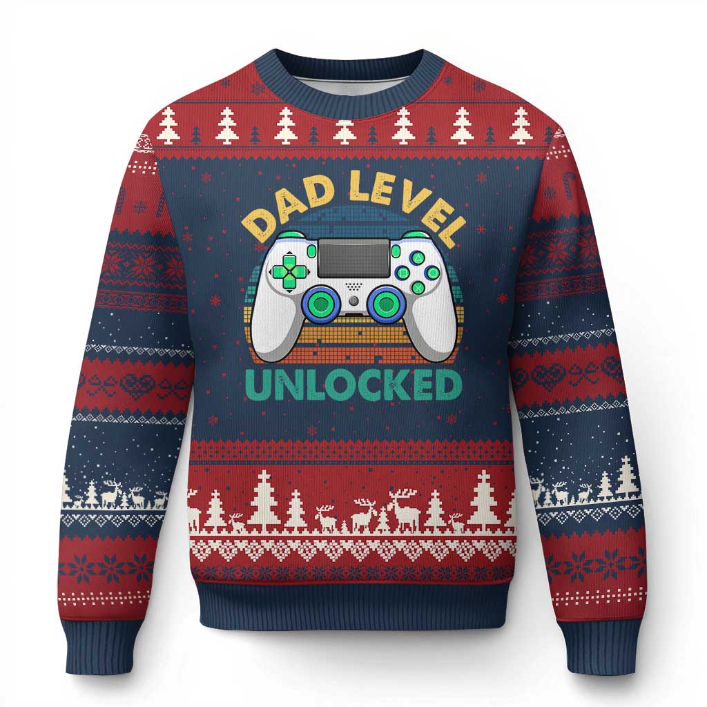 Funny New Dad Ugly Christmas Sweater Retro Dad Level Unlocked Gaming Gamer - Wonder Print Shop