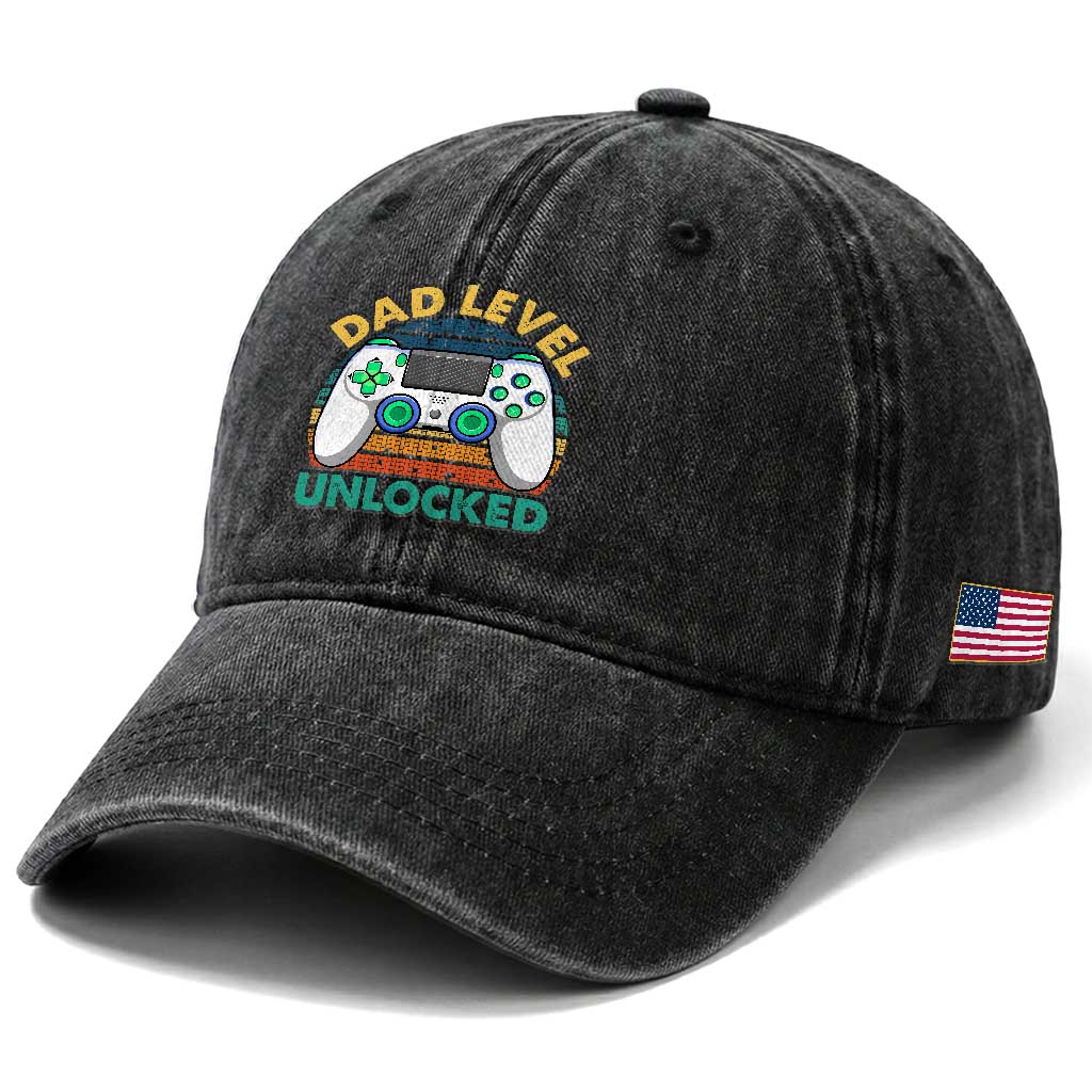 Funny New Dad Washed Cotton Baseball Cap Retro Dad Level Unlocked Gaming Gamer