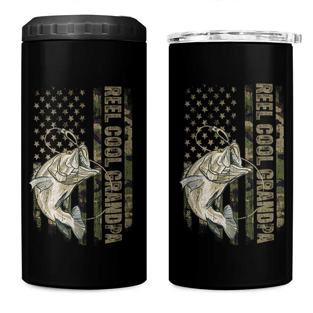 Funny Fishing Vintage Reel Cool Grandpa 4 in 1 Can Cooler Tumbler Camo American Flag USA Bass Fish Fisherman