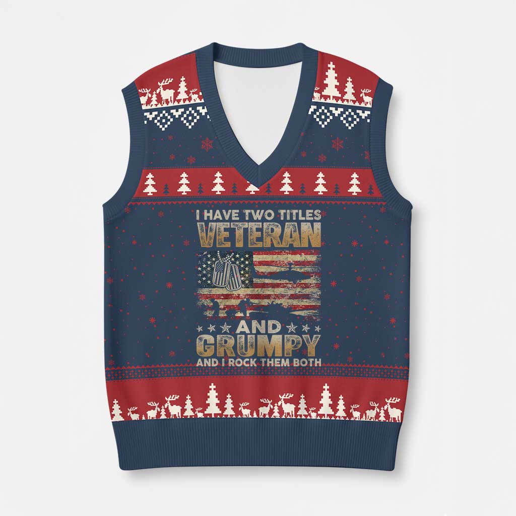 Grumpy Old Veteran V-Neck Knit Sweater Vest Funny Military Veteran USA Flag - Wonder Print Shop